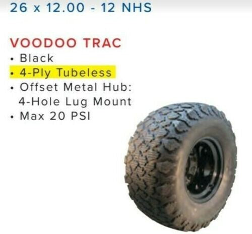 26 x 12.00 - 12 NHS  VOODOO TRAC Drive Tire Complete Wheel & Tire Assembly 4 Lug